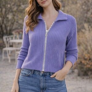 Vintage Von Saken Cardigan Sweater Jacket LARGE Purple Rhinestone Ribbed y2k Zip